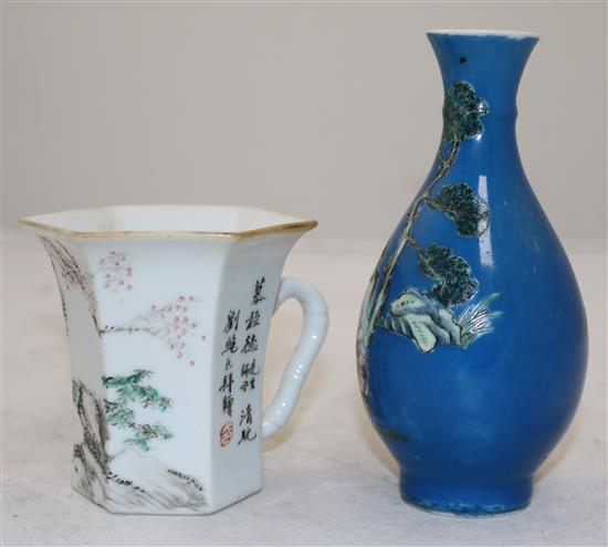 A Chinese blue ground famille rose bottle vase and a mug, c.1900-10, 18.5cm